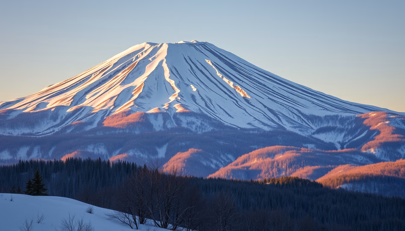 mount fuji winter snow in editorial style
