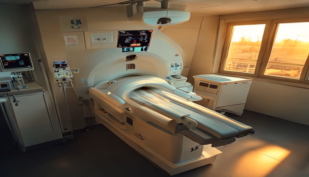 mri scanner machine in radiology department in editorial style