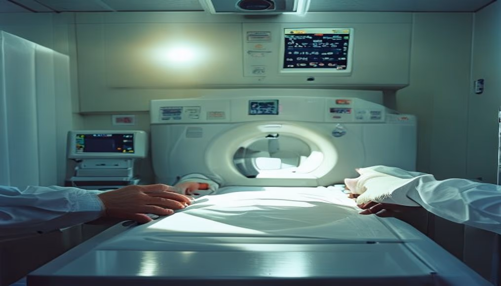 Máquina de ressonância magnética no departamento de radiologia em estilo editorial