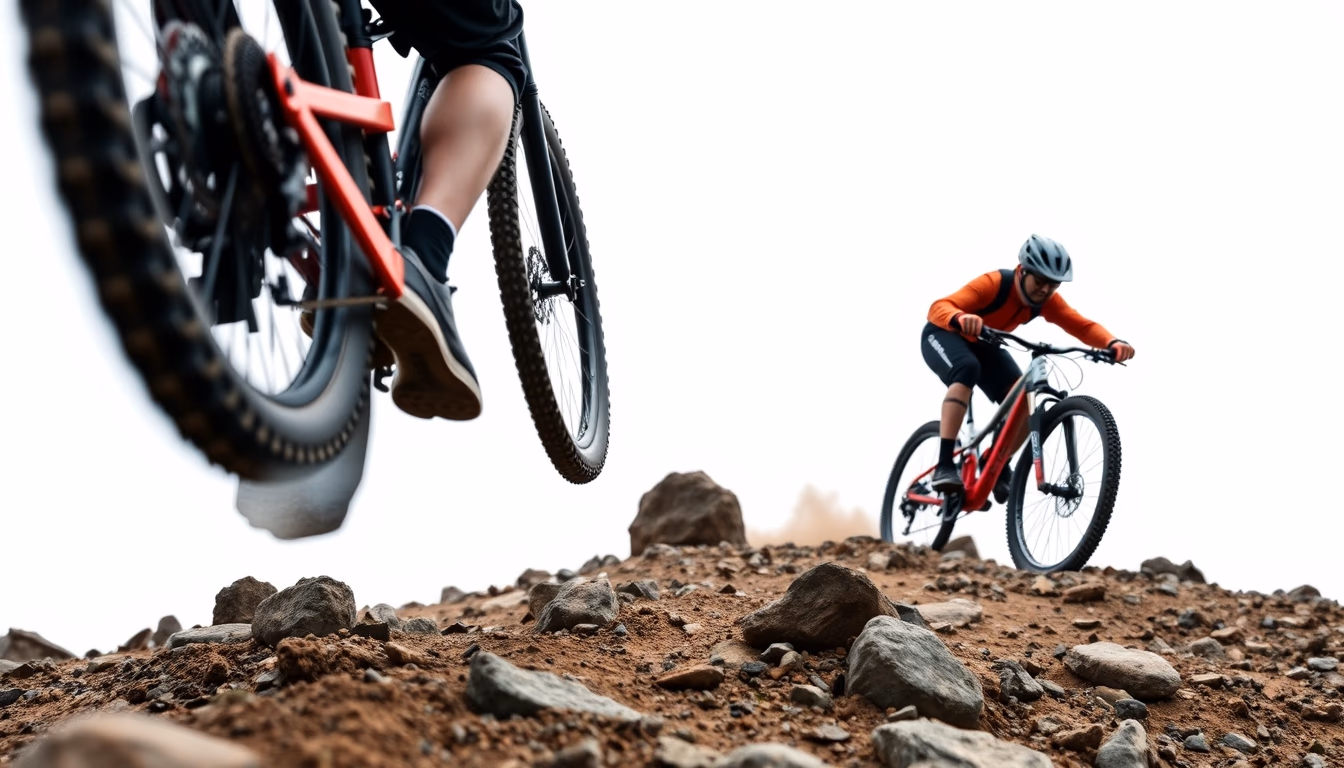 mtb rocky trail descent in editorial style