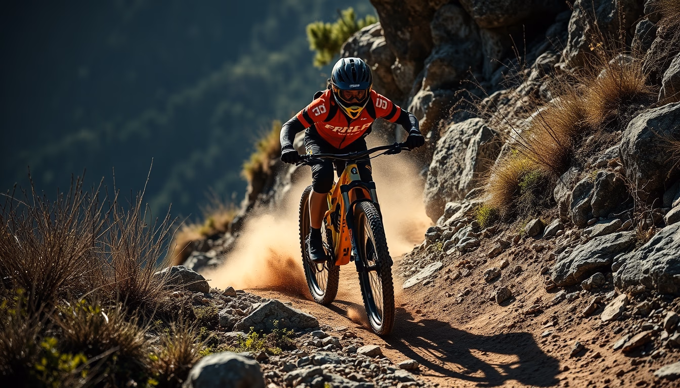 mtb rocky trail descent in editorial style
