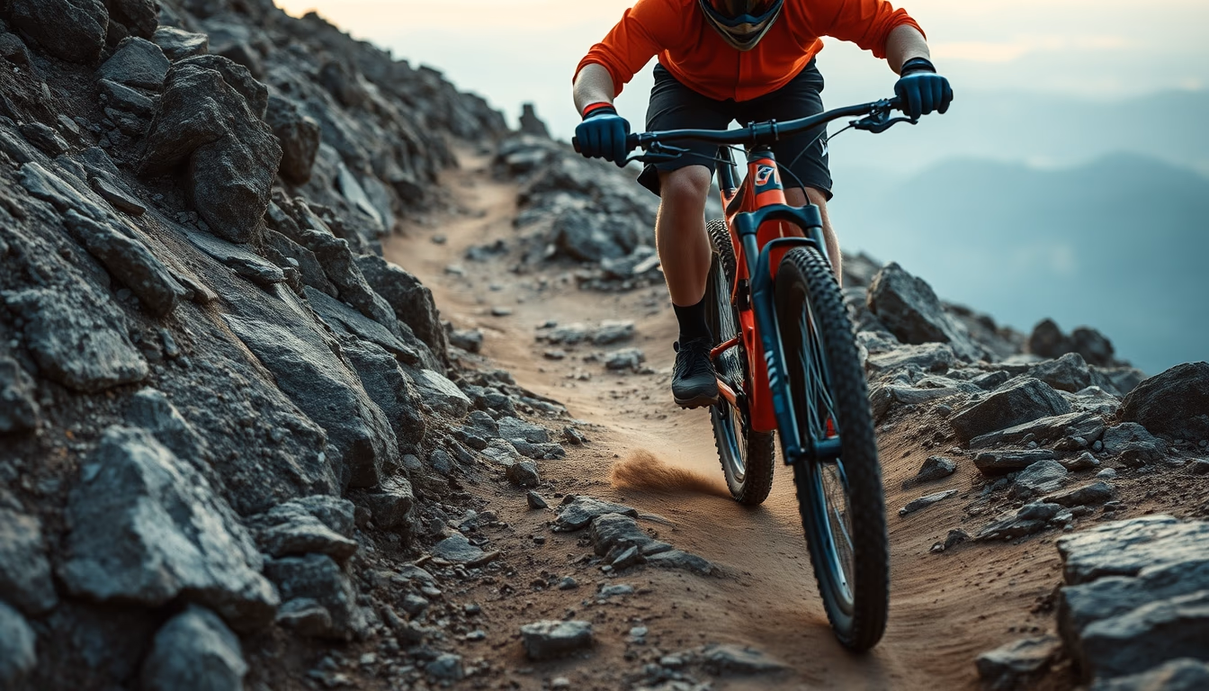 mtb rocky trail descent in editorial style