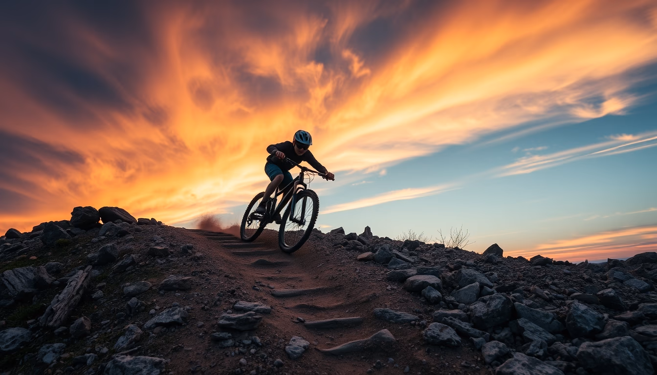 mtb rocky trail descent in editorial style