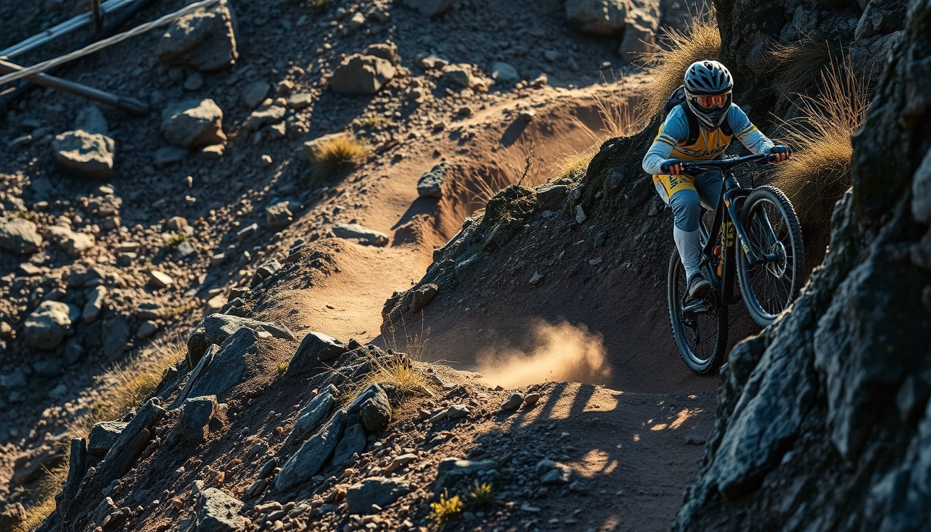 mtb rocky trail descent in editorial style