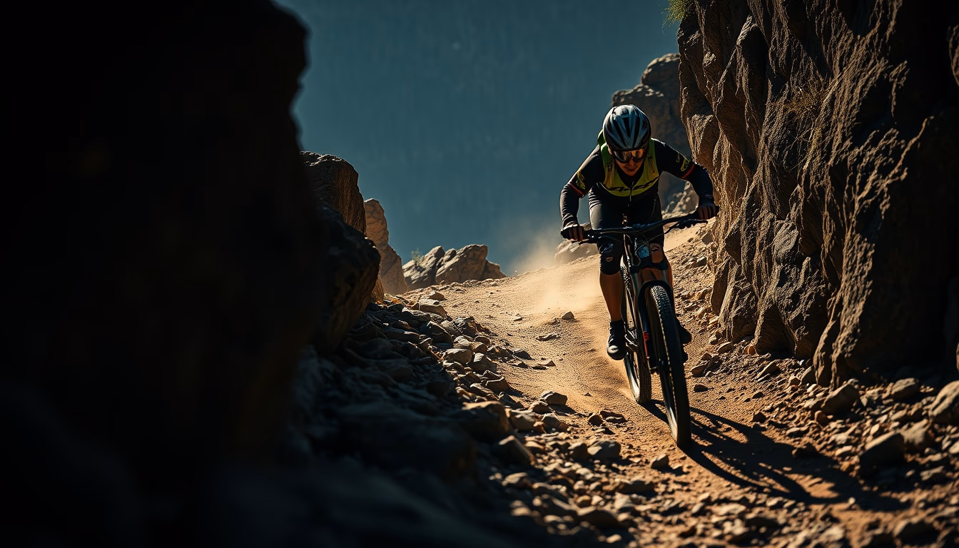 mtb rocky trail descent in editorial style