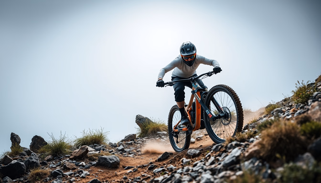 mtb rocky trail descent in editorial style
