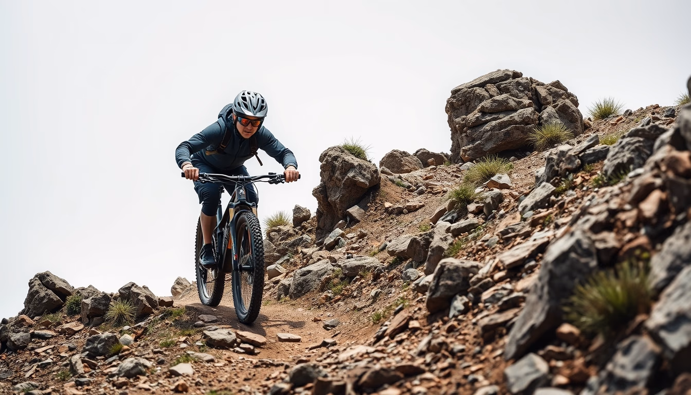 mtb rocky trail descent in editorial style
