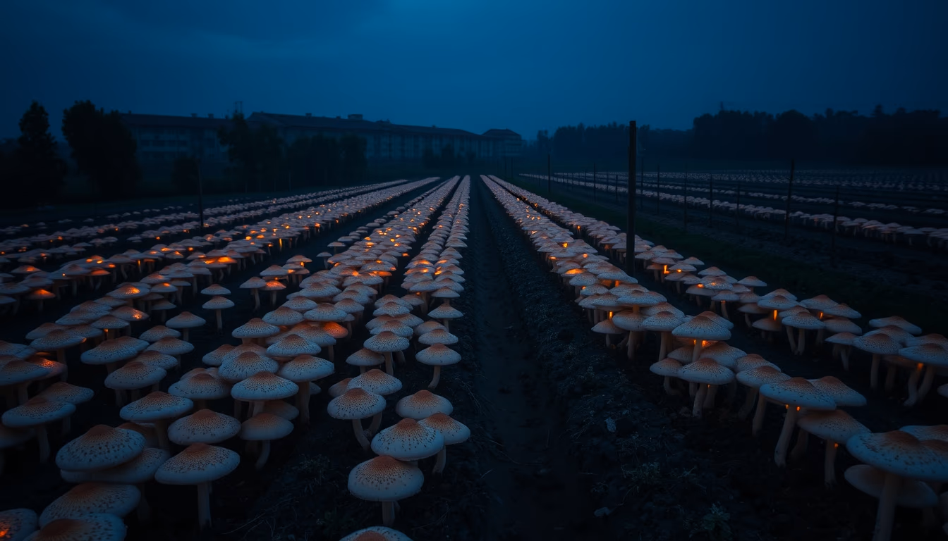mushroom farm dark in editorial style