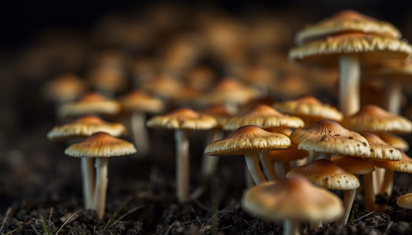 mushroom farm dark in editorial style