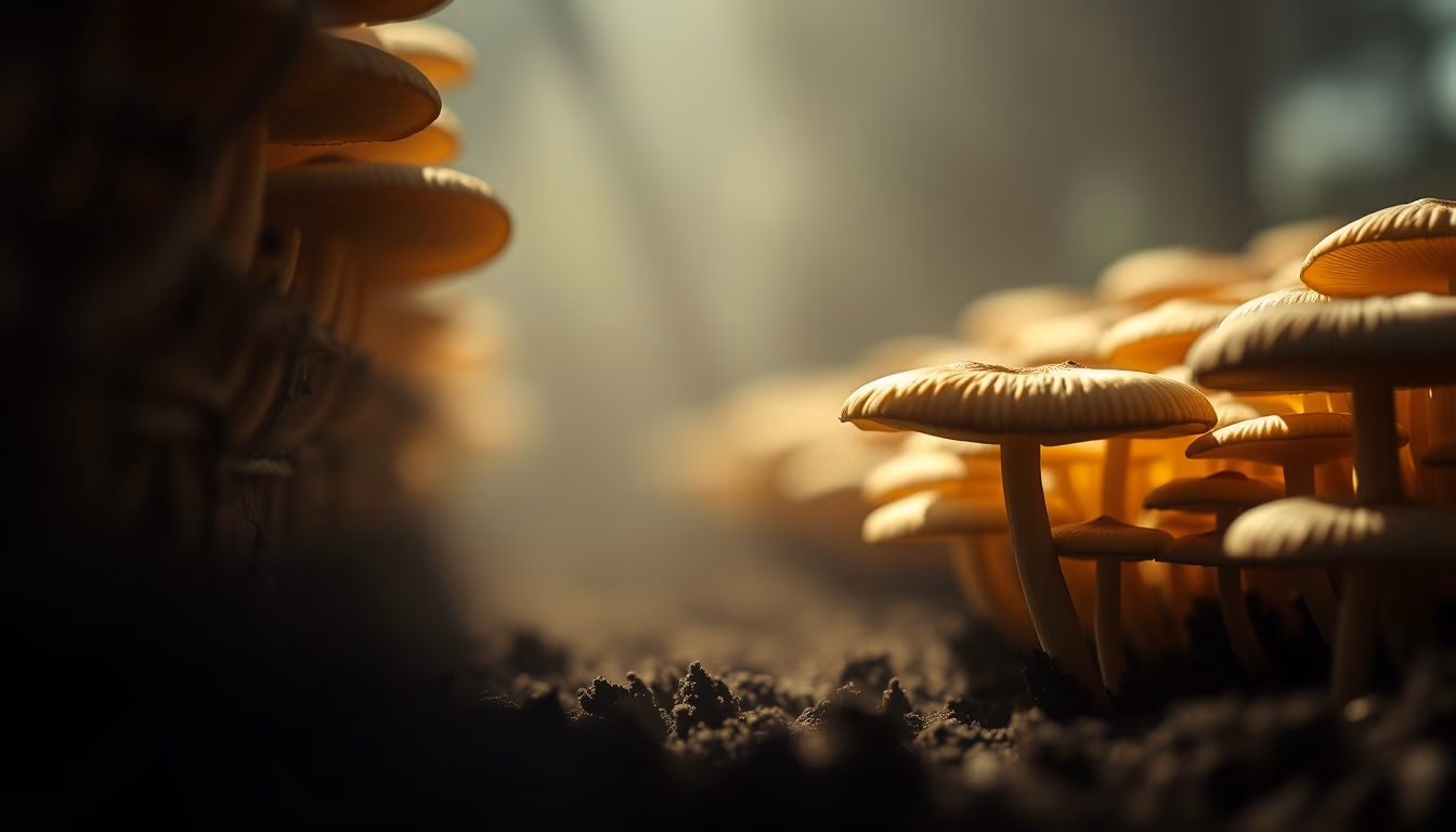 mushroom farm dark in editorial style