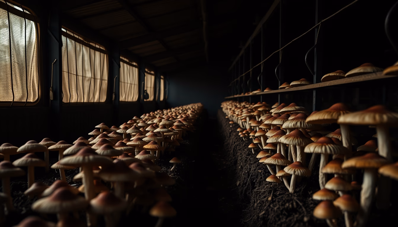 mushroom farm dark in editorial style