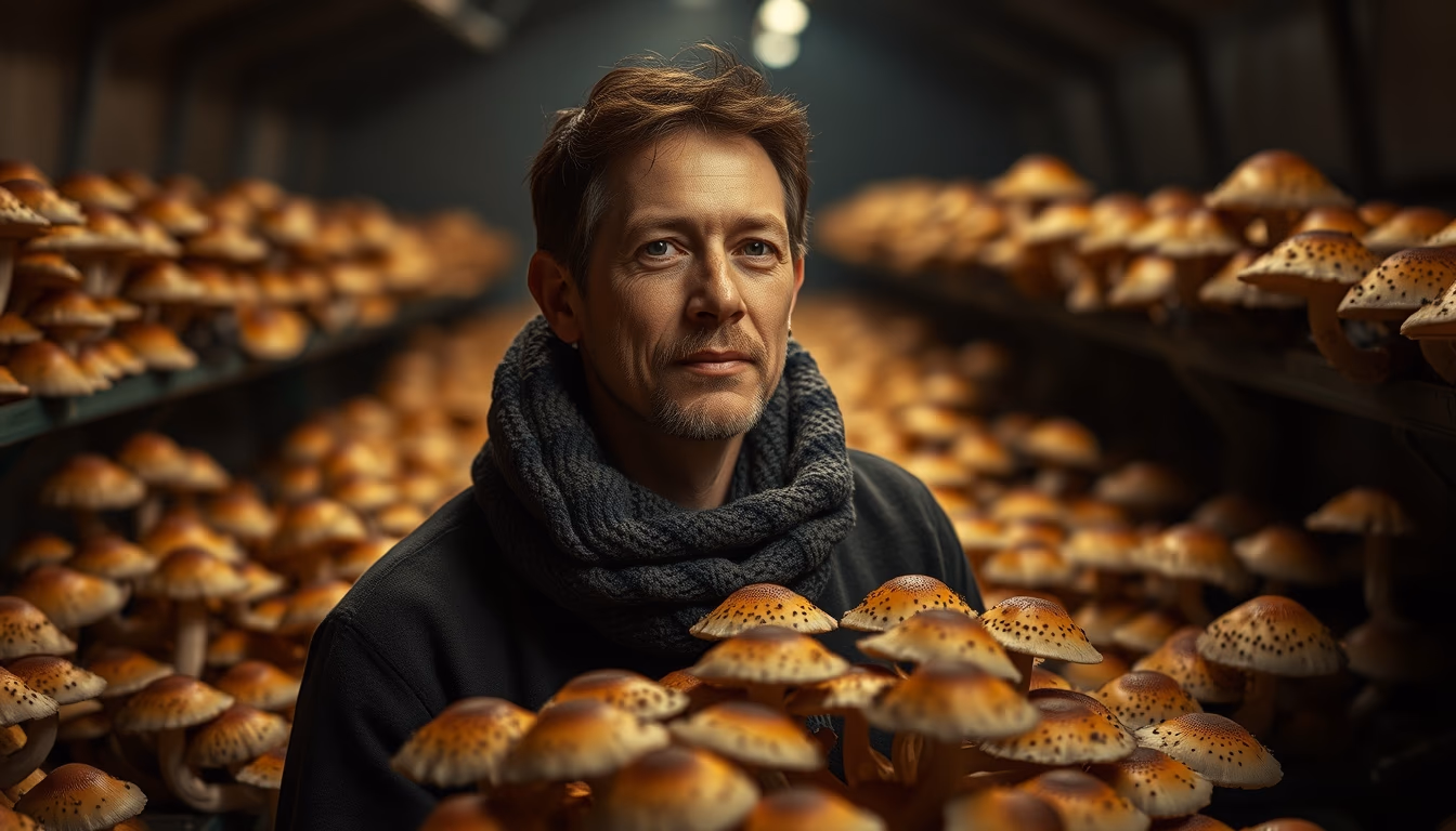 mushroom farm dark in editorial style