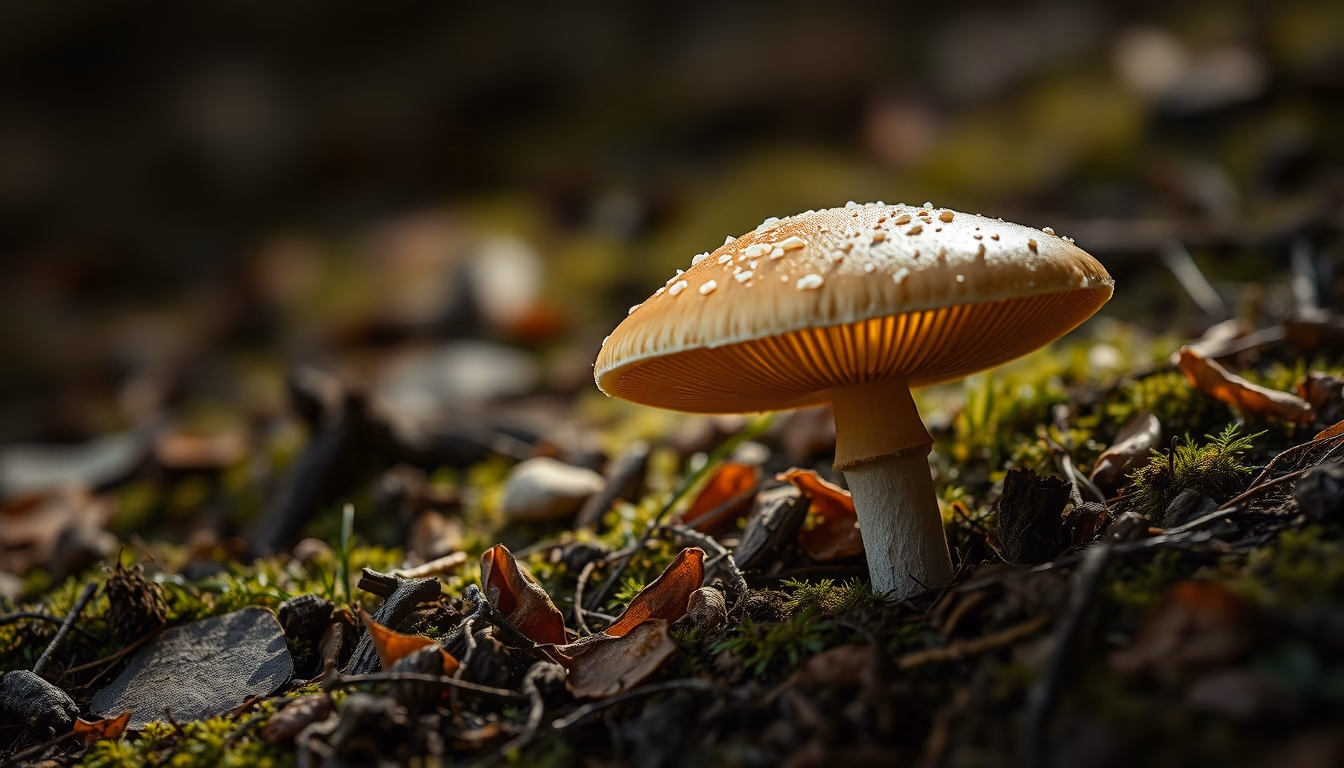 mushroom macro forest floor in editorial style