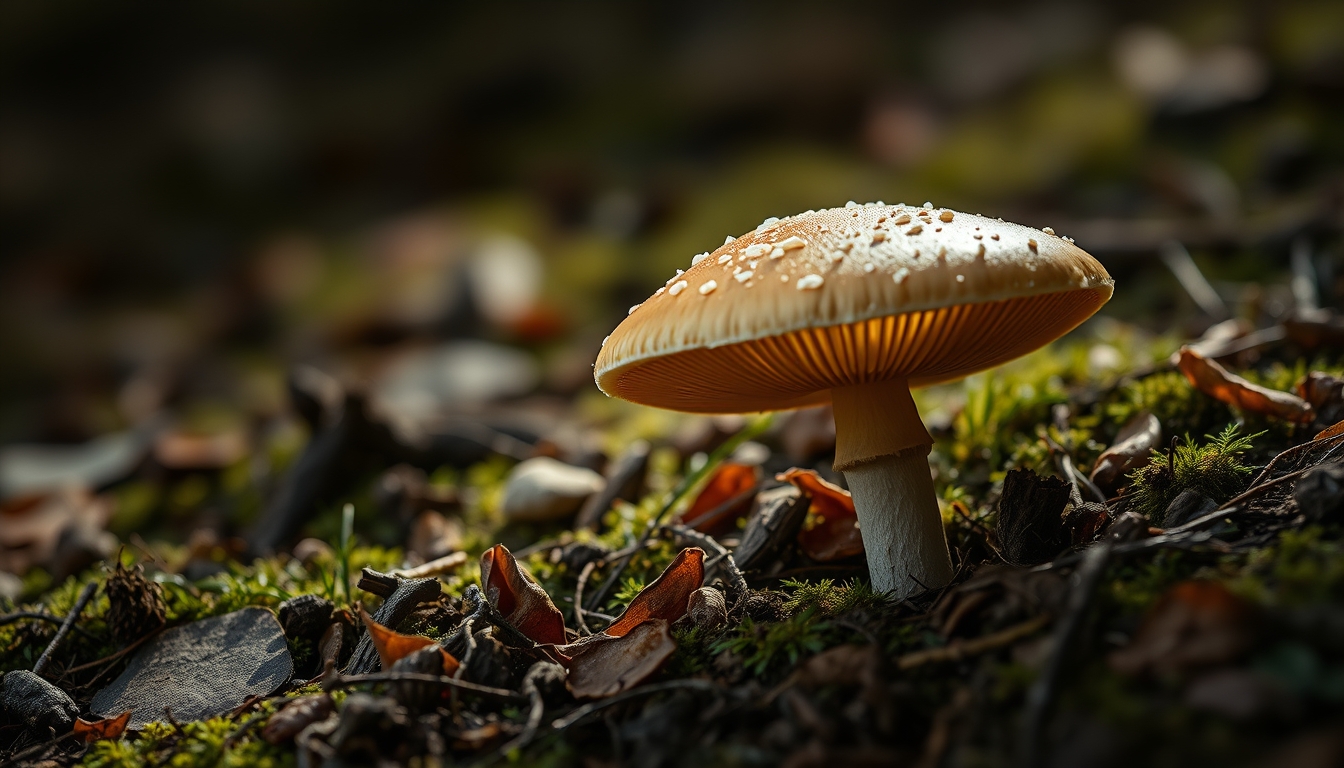 mushroom macro forest floor in editorial style
