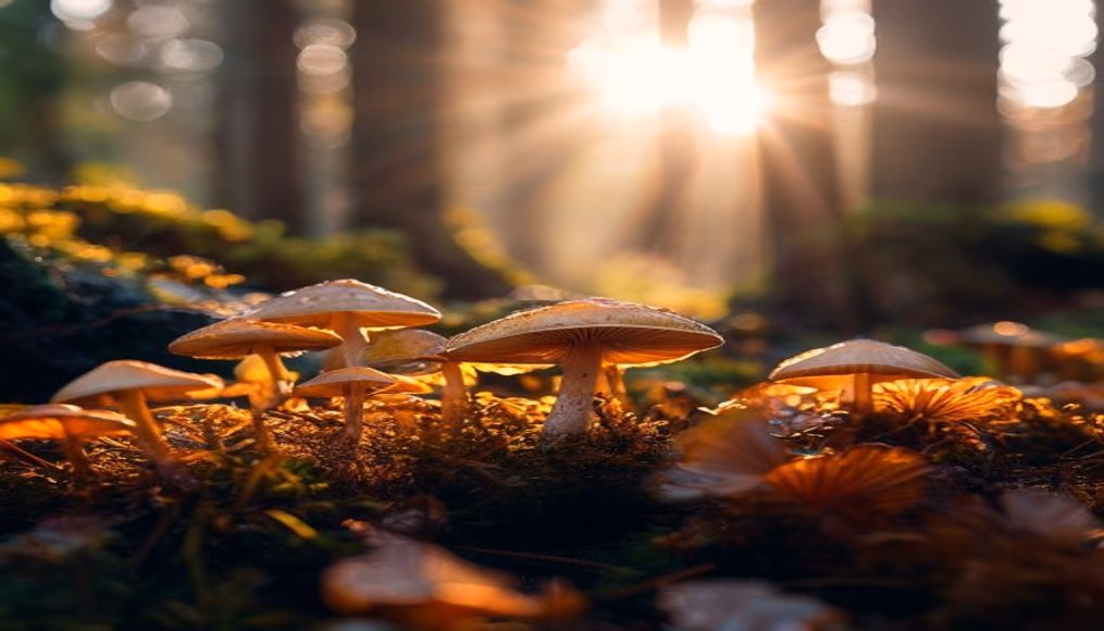 mushroom macro forest floor in editorial style