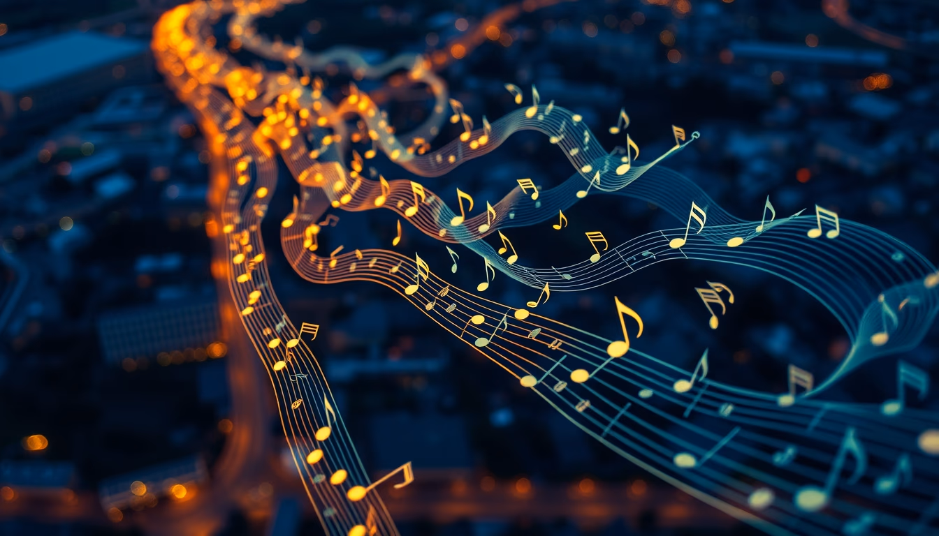 music notes flowing visualization in editorial style