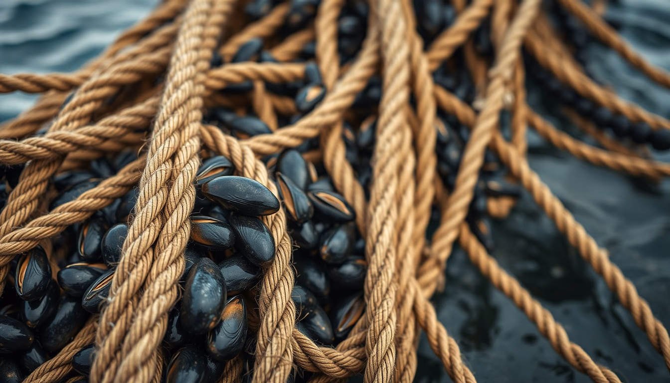 mussel ropes ocean in editorial style