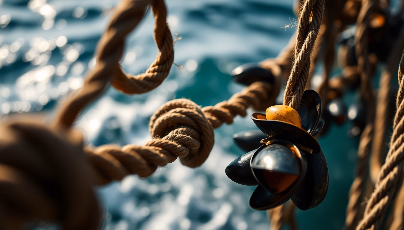 mussel ropes ocean in editorial style