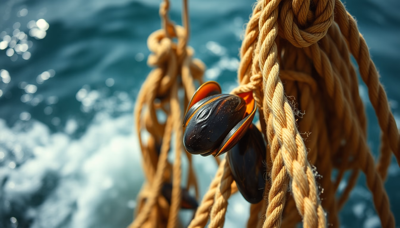 mussel ropes ocean in editorial style