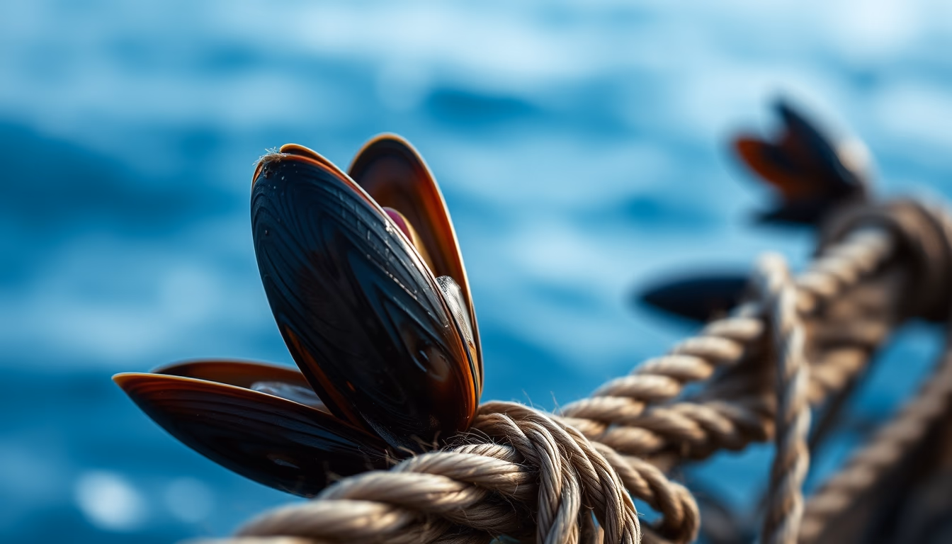 mussel ropes ocean in editorial style