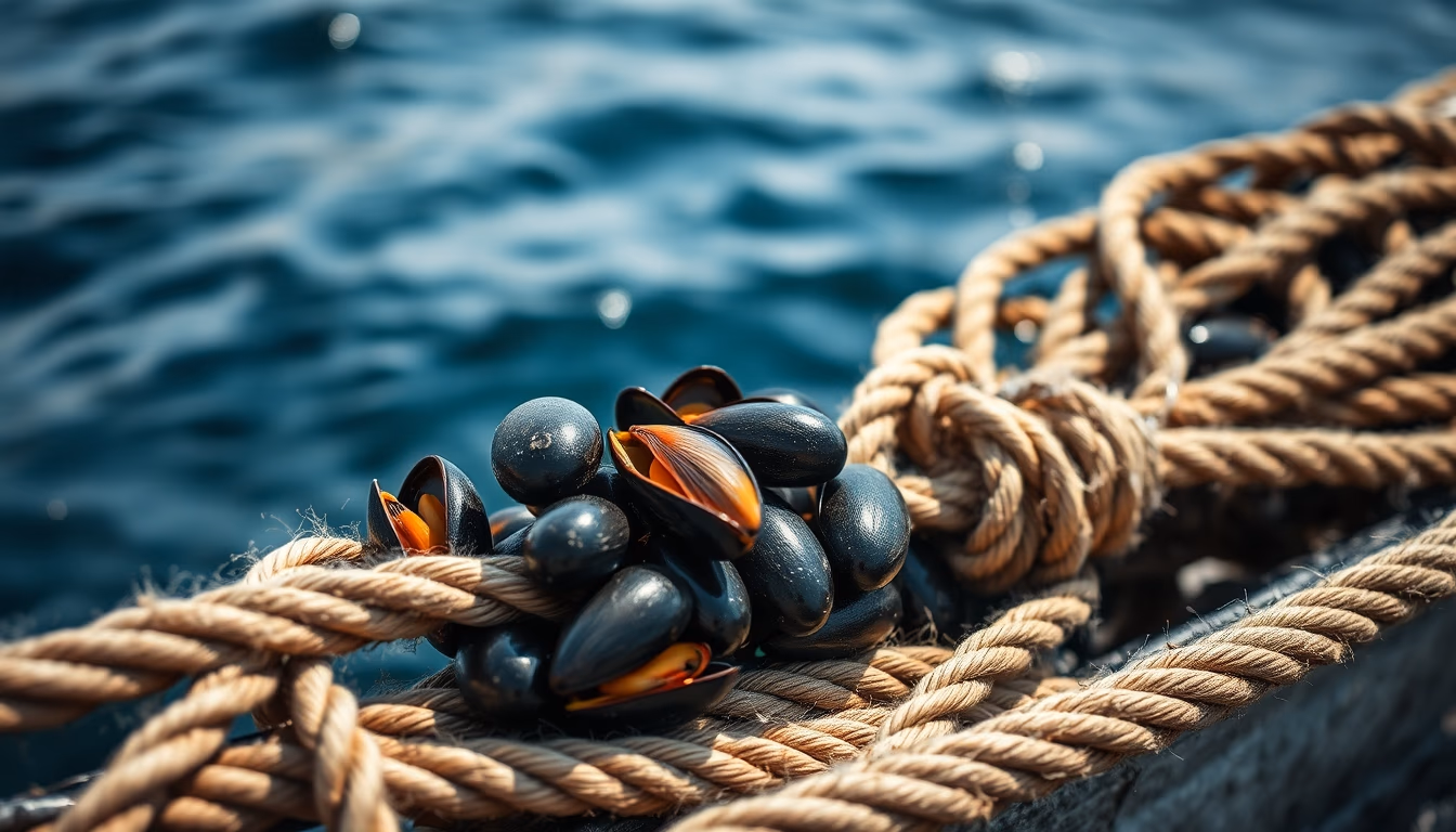 mussel ropes ocean in editorial style