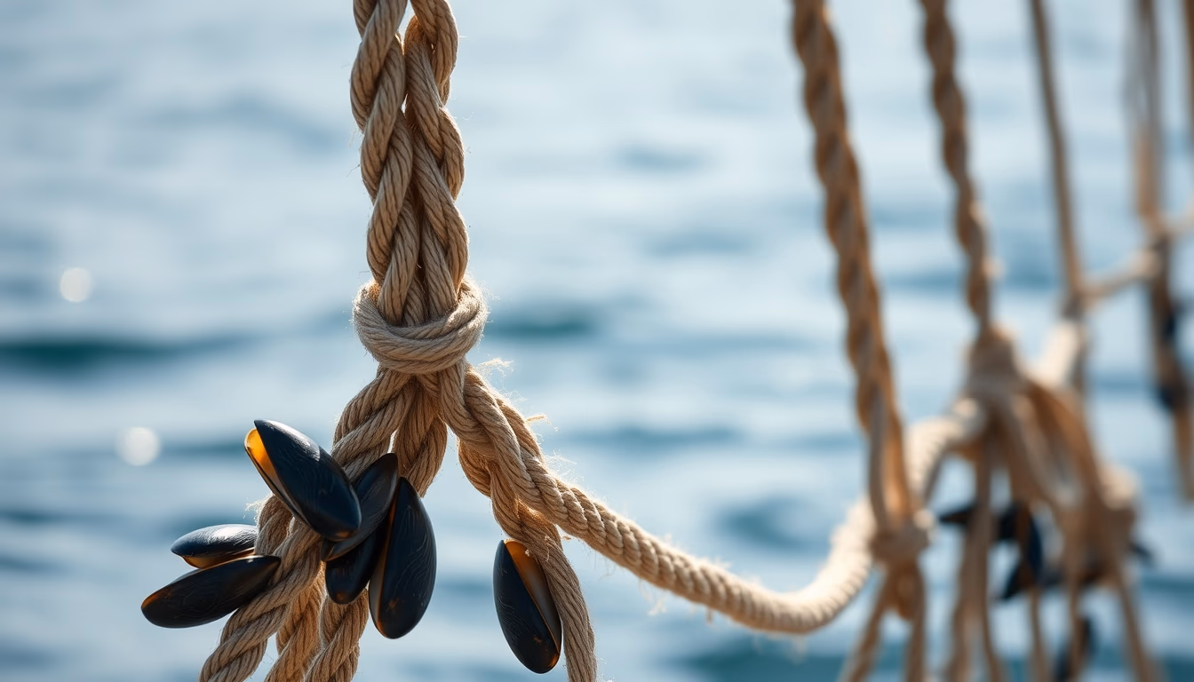 mussel ropes ocean in editorial style
