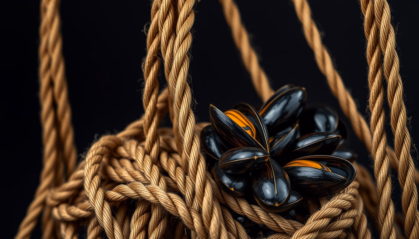 mussel ropes ocean in editorial style