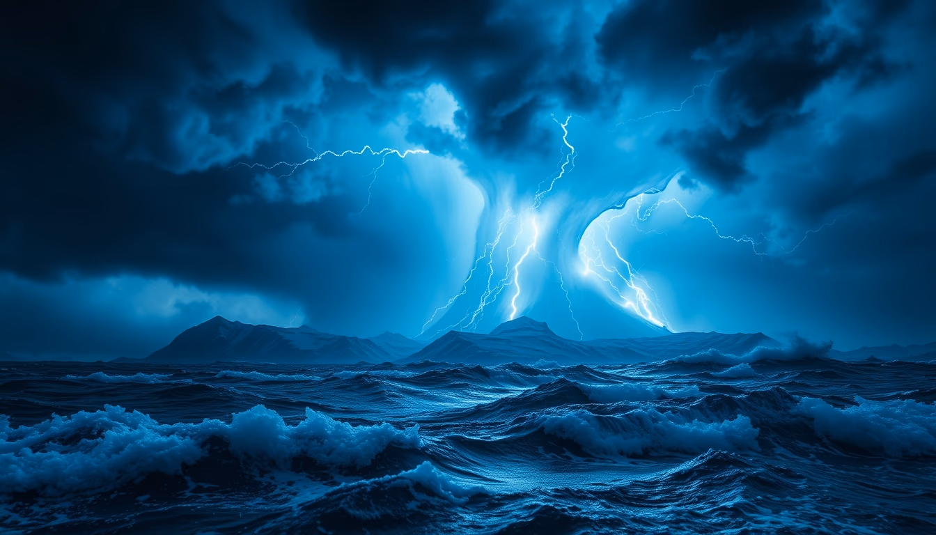 neptune deep blue storms in editorial style