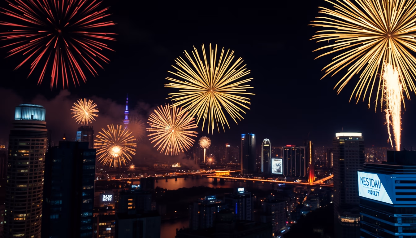 new year fireworks city in editorial style