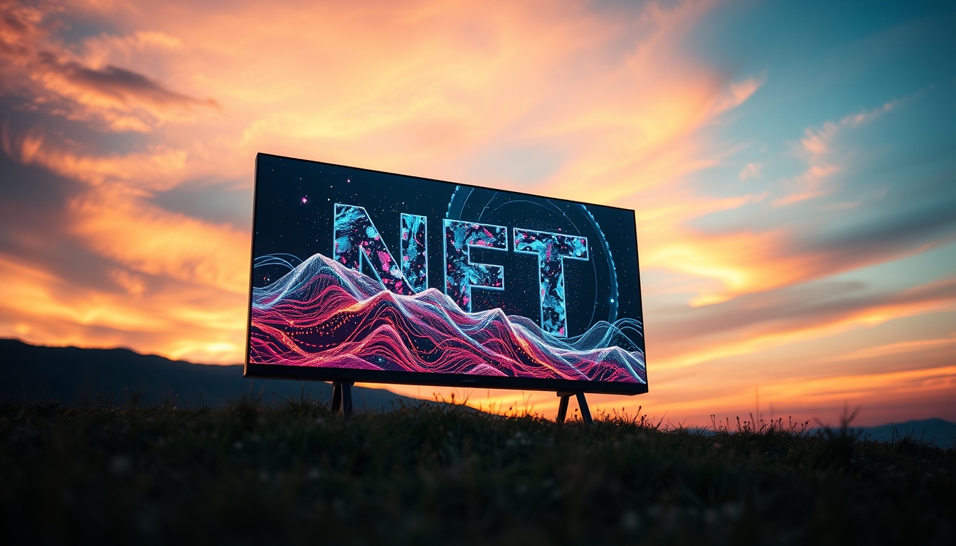 NFT art on transparent OLED screen in editorial style