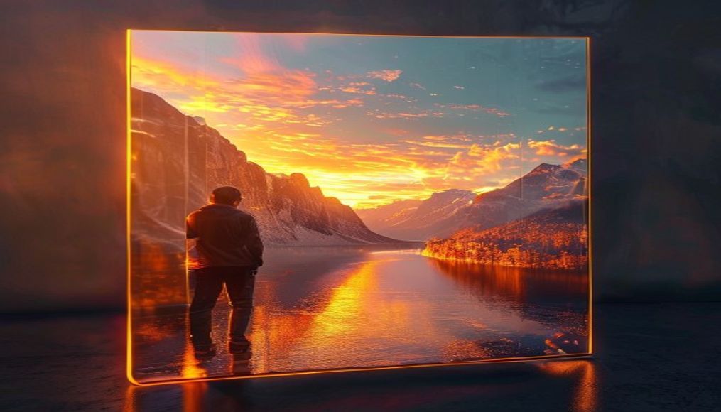 NFT art on transparent OLED screen in editorial style