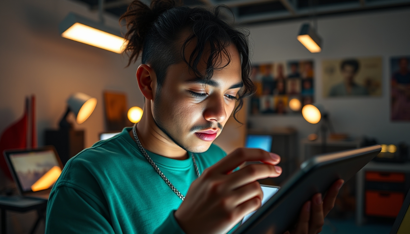 NFT artist in a colorful studio with digital tablets em estilo editorial