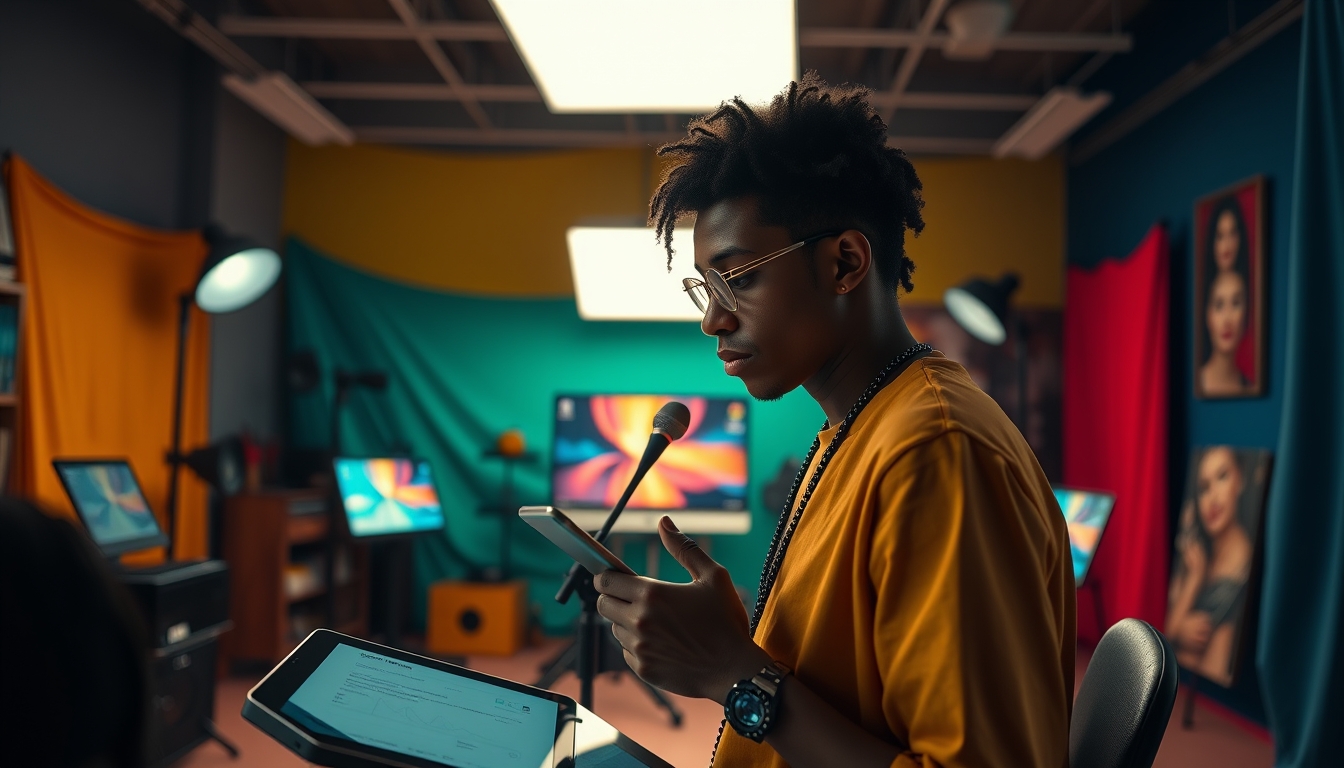 NFT artist in a colorful studio with digital tablets em estilo editorial