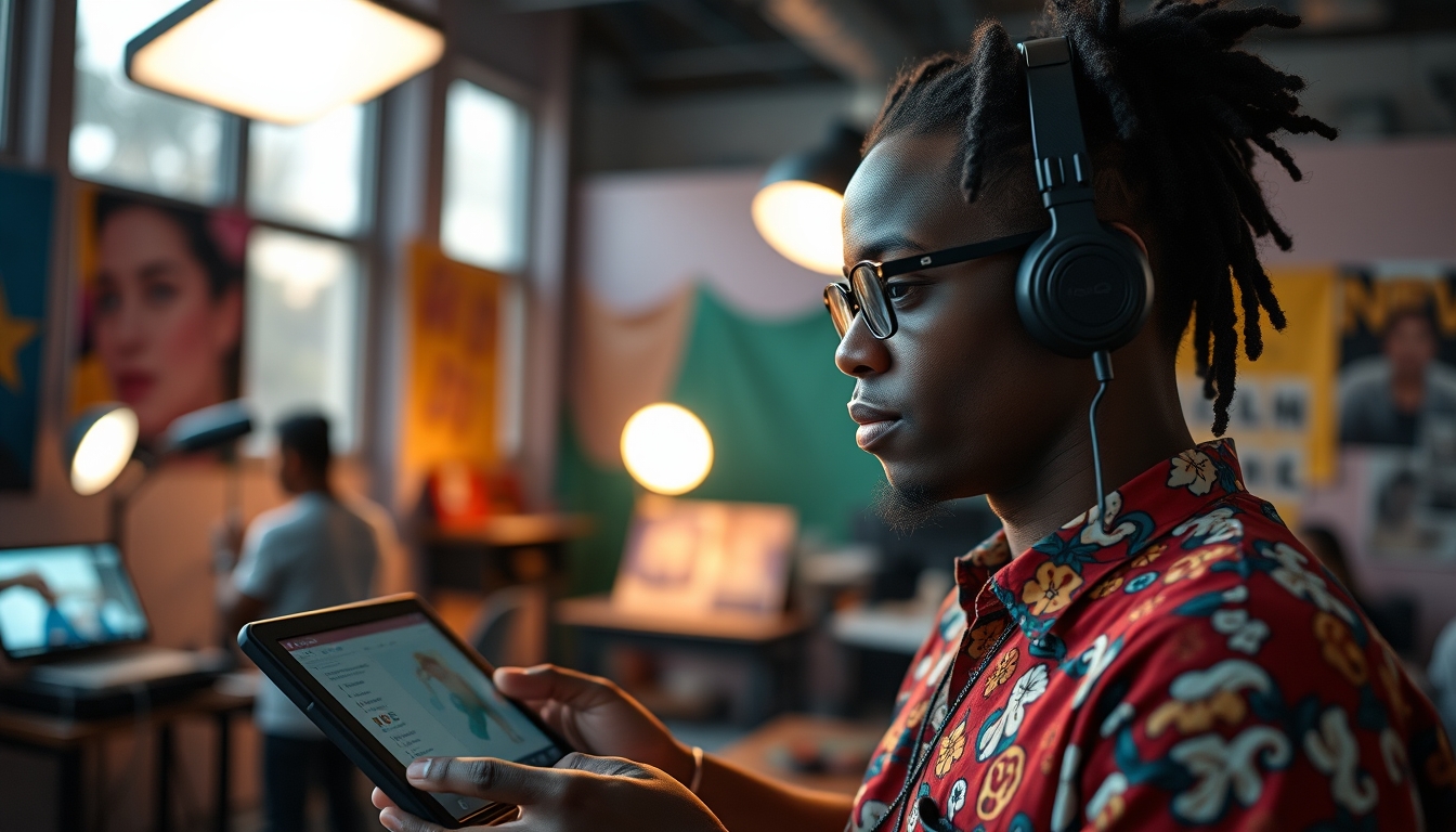 NFT artist in a colorful studio with digital tablets em estilo editorial