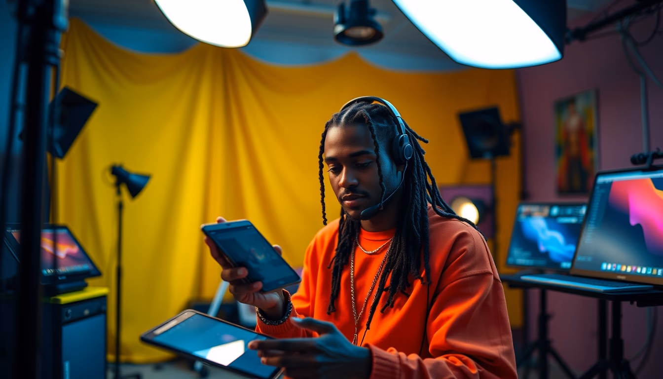 NFT artist in a colorful studio with digital tablets in editorial style