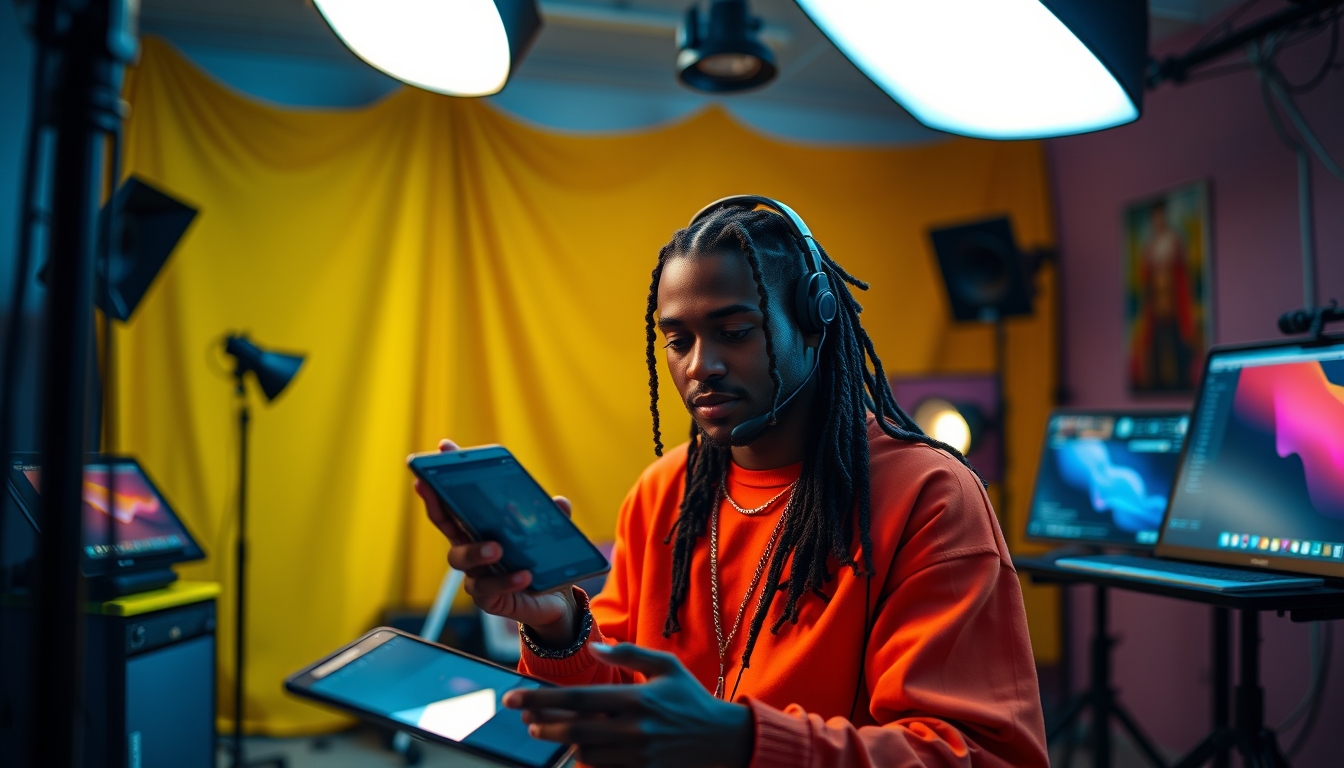 NFT artist in a colorful studio with digital tablets em estilo editorial