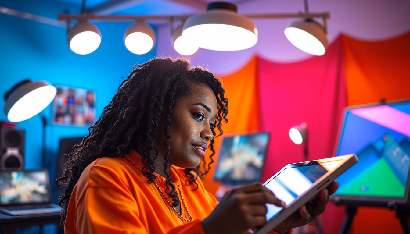 NFT artist in a colorful studio with digital tablets em estilo editorial