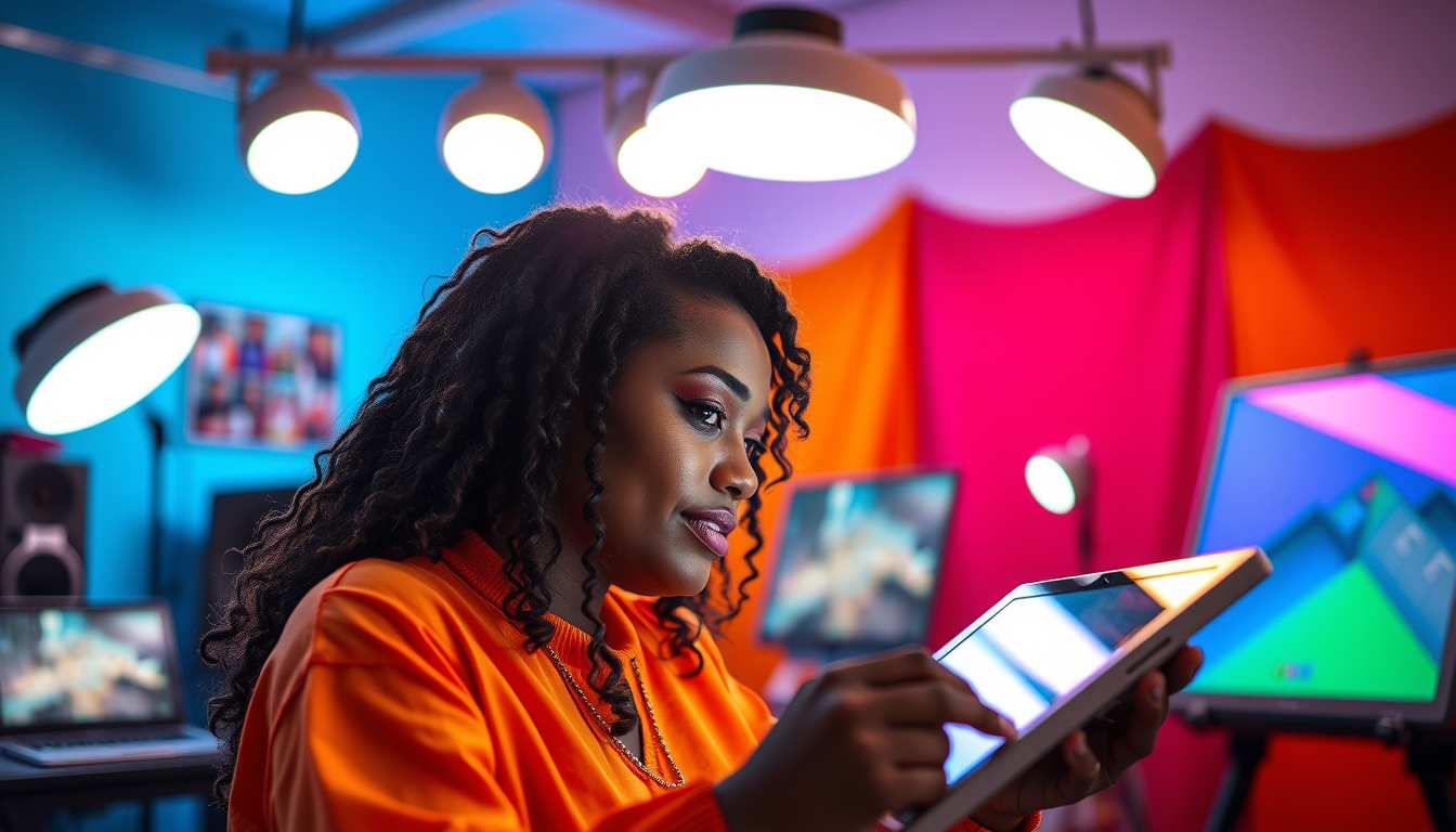 NFT artist in a colorful studio with digital tablets em estilo editorial