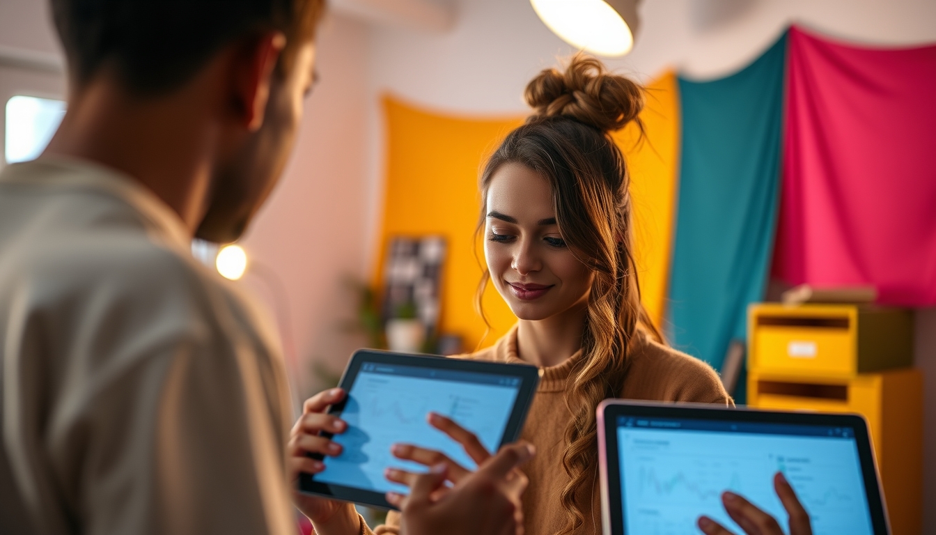 NFT artist in a colorful studio with digital tablets em estilo editorial