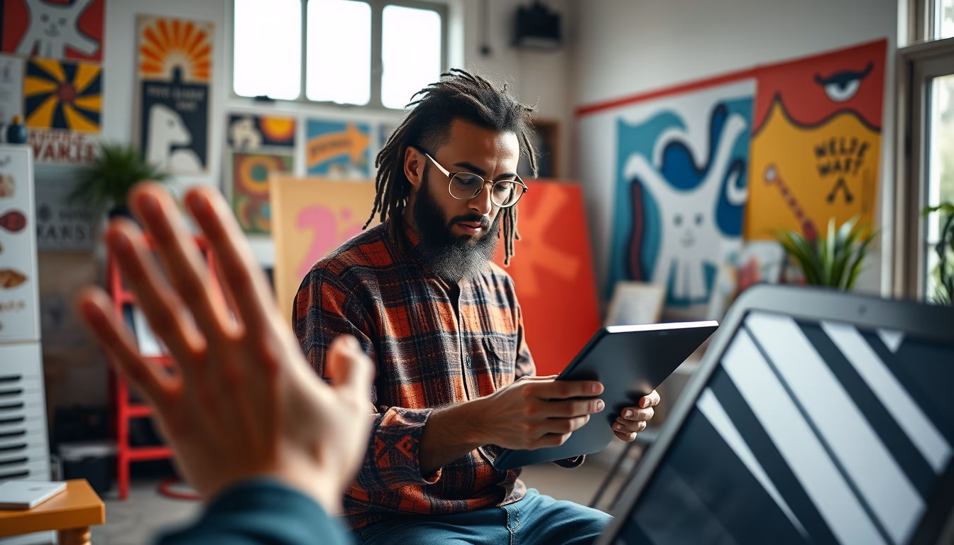 NFT artist in a colorful studio with digital tablets em estilo editorial
