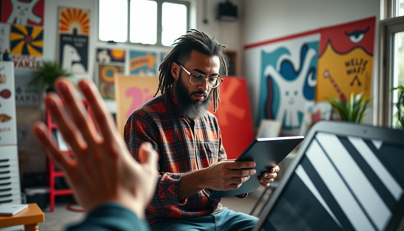 NFT artist in a colorful studio with digital tablets em estilo editorial