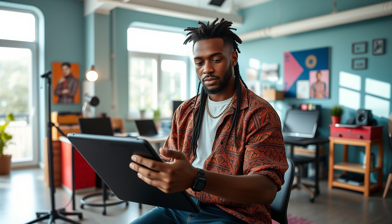 NFT artist in a colorful studio with digital tablets em estilo editorial