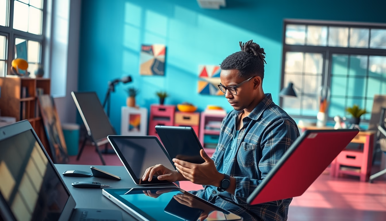 NFT artist in a colorful studio with digital tablets in editorial style