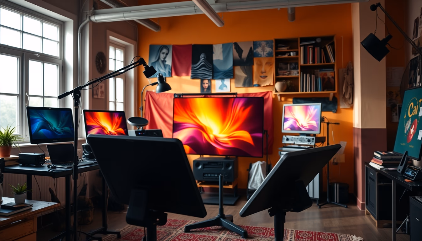 NFT artist in a colorful studio with digital tablets in editorial style