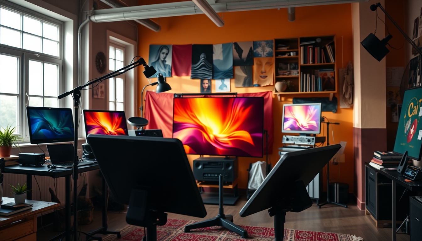 NFT artist in a colorful studio with digital tablets em estilo editorial