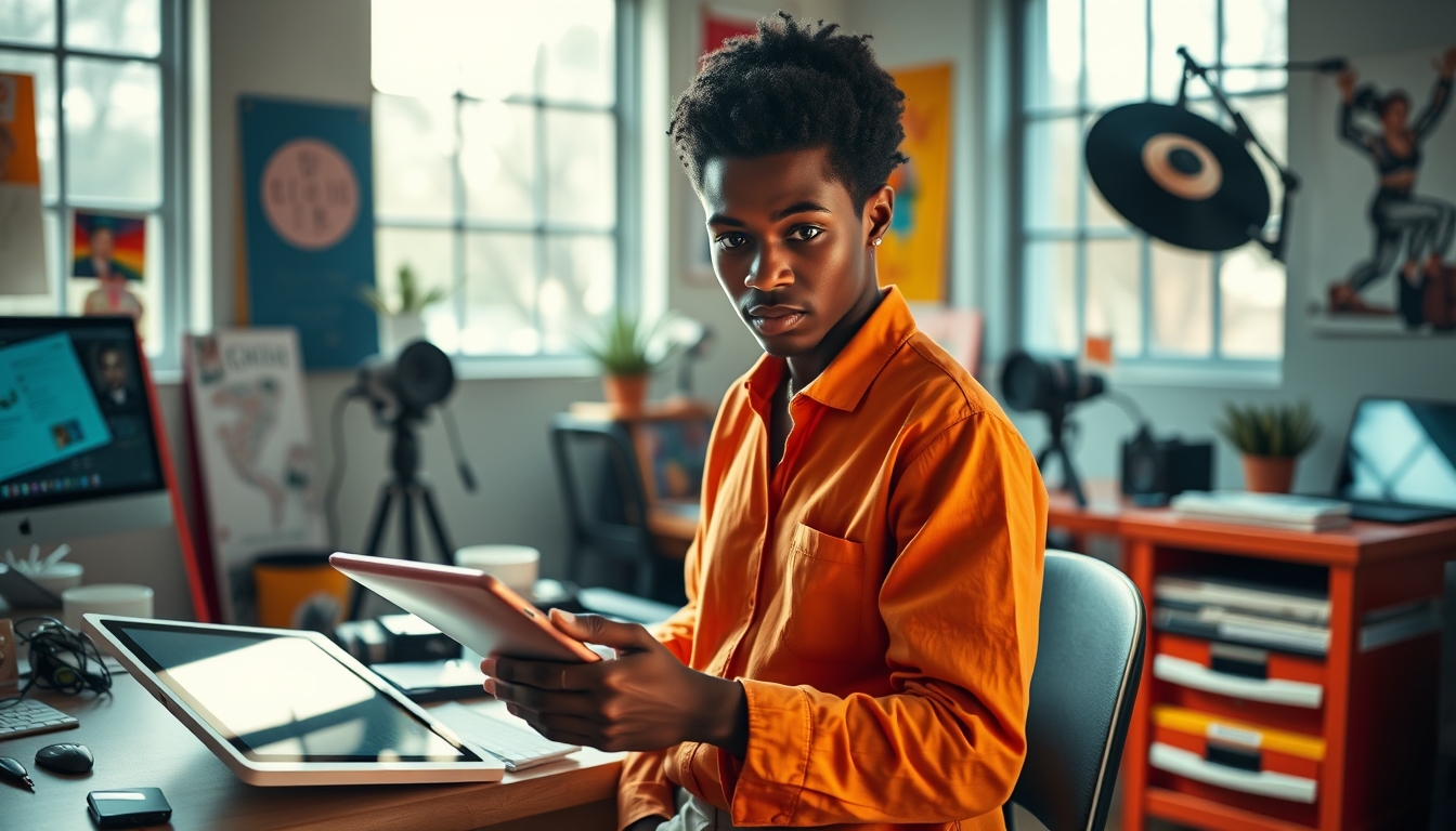 NFT artist in a colorful studio with digital tablets em estilo editorial