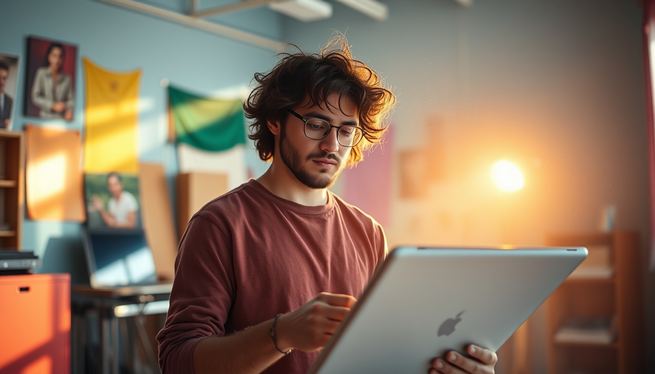NFT artist in a colorful studio with digital tablets em estilo editorial