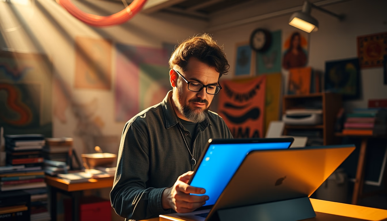 NFT artist in a colorful studio with digital tablets em estilo editorial