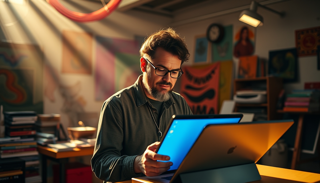 NFT artist in a colorful studio with digital tablets em estilo editorial