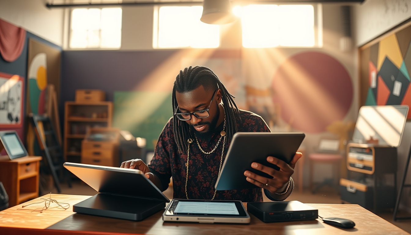 NFT artist in a colorful studio with digital tablets em estilo editorial